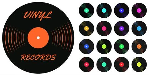 Vinyl record set vector illustration in various colors for music industry Stock Illustration
