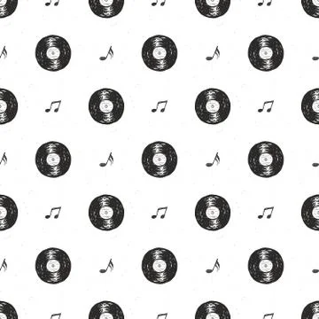 Vinyl record vintage seamless pattern hand drawn label sketch, grunge texture Stock Illustration