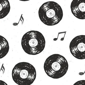 Vinyl record vintage seamless pattern hand drawn label sketch, grunge texture Stock Illustration