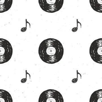 Vinyl record vintage seamless pattern hand drawn label sketch, grunge texture Stock Illustration