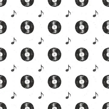 Vinyl record vintage seamless pattern hand drawn label sketch, grunge texture Stock Illustration