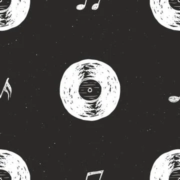 Vinyl record vintage seamless pattern hand drawn label sketch, grunge texture Stock Illustration