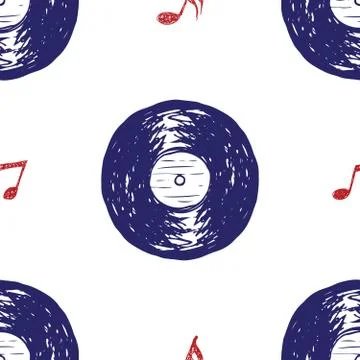 Vinyl record vintage seamless pattern hand drawn label sketch, grunge texture Stock Illustration