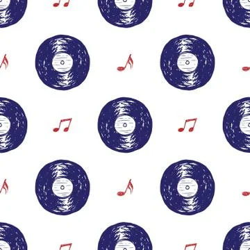 Vinyl record vintage seamless pattern hand drawn label sketch, grunge texture Stock Illustration