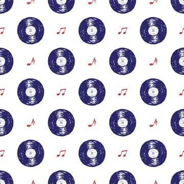 Vinyl record vintage seamless pattern hand drawn label sketch, grunge texture Stock Illustration