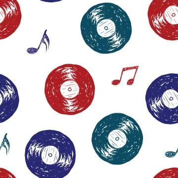 Vinyl record vintage seamless pattern hand drawn label sketch, grunge texture Stock Illustration