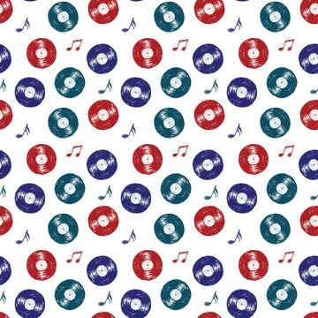 Vinyl record vintage seamless pattern hand drawn label sketch, grunge texture Stock Illustration