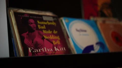 Vinyl records on the display Video stock 136048559