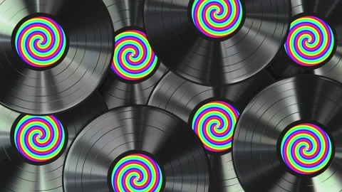 Vinyl records with rainbow spiral gradient labels looping 3D animation Stock Footage 219832575