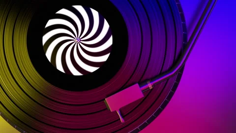 Vinyl turntable view top rotating with blue, violet and yellow colors background Stock Footage 141990711