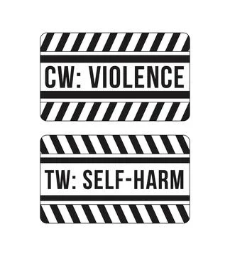 Violence and self harm content warning black and white label signs set Stock Illustration