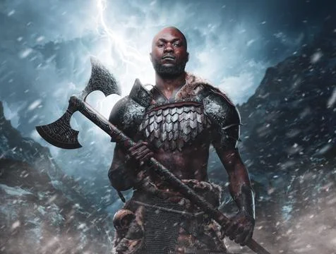 Violent african viking with axe in background of blizzard mountains Stock Photos
