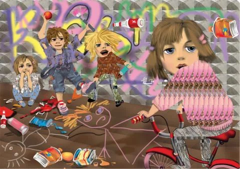 Violent kids having fun, throwing bottles  and painting graffitti, a girl on  Stock Illustration