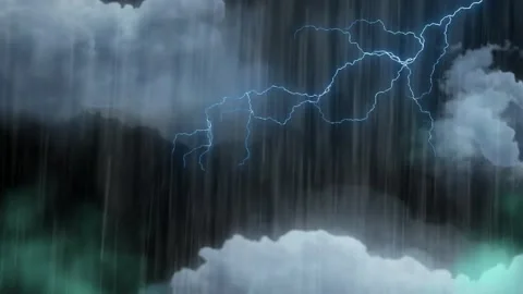 Violent lightning bolts strike through heavy rain clouds during intense Stock Footage 340942704
