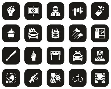 Violent Protest Or Demonstration Icons White On Black Set Big Stock Illustration