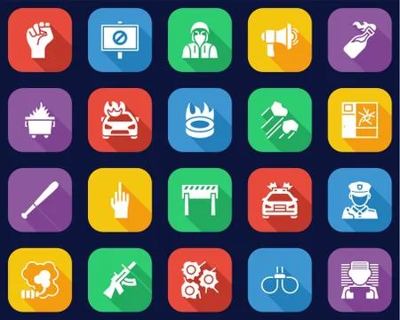 Violent Protest Or Demonstration Icons Flat Design Set Big Stock Illustration