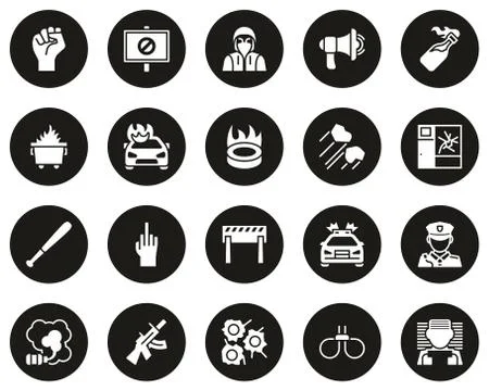 Violent Protest Or Demonstration Icons White On Black Circle Set Big Stock Illustration