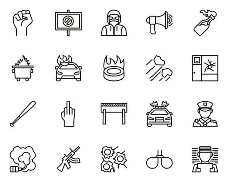 Violent Protest Or Demonstration Icons Thin Line Set Big Stock Illustration