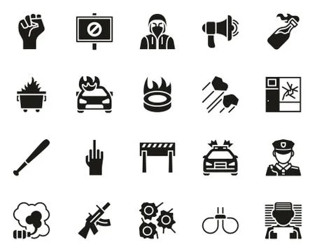Violent Protest Or Demonstration Icons Black &amp; White Set Big Stock Illustration