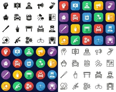 Violent Protest Or Demonstration Icons -Black &amp; White-Color Flat Design-Thin  Stock Illustration