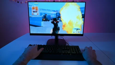 Violent video game seen from point of view of the gamer looking at the screen Stock Footage 100797250