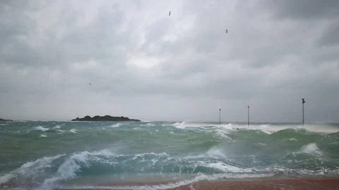 Violent Waves over Pier Wind Gusts Hurricane Stock Footage 97607542