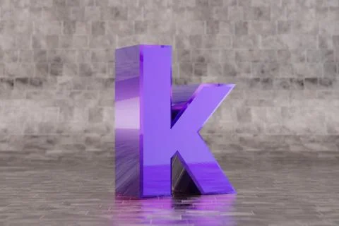 Violet 3d letter K lowercase. Glossy indigo letter on tile background. 3d ren Stock Illustration