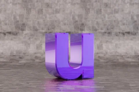 Violet 3d letter U lowercase. Glossy indigo letter on tile background. 3d ren Иллюстрация