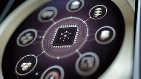 Violet AI hub surrounds central processor symbol Stock Photos