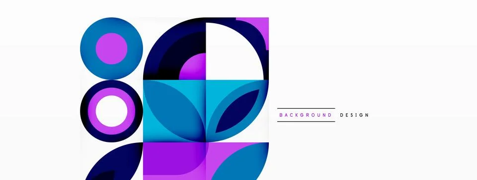 Violet and electric blue pattern with circles and squares on white background Stock Illustration