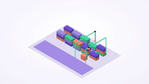 Violet and mint isometric container terminal animation, seamless loop Stock Footage 346258035