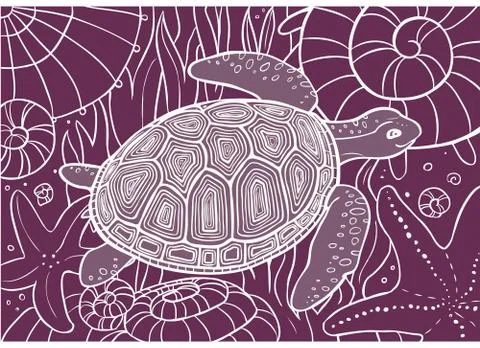 Violet background with white lines - turtle in the sea Stock Illustration