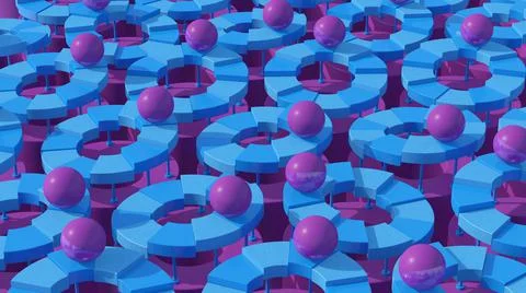 Violet balls rolling. Blue circle shapes. Abstract illustration, 3d render. Stock Illustration