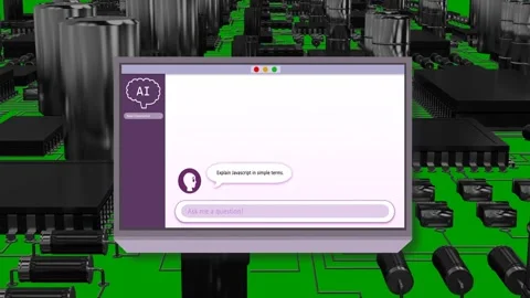 Violet bar appearing, chat window growing over PCB, user typing JavaScript, AI Stock Footage 335651821