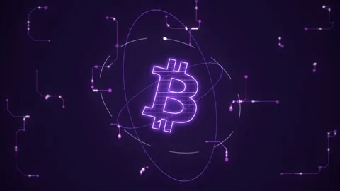 Violet bitcoin emblem scattered node field circuit routing crypto network hu Stock Footage 343254192