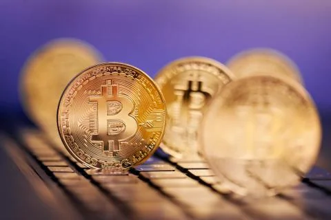 Violet blurred background bitcoin Stock Photos