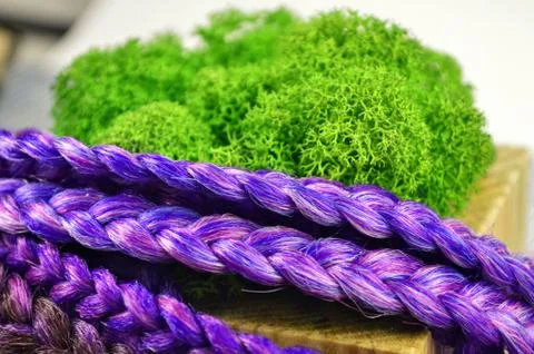 Violet braids on a gray background at close range Stock Photos