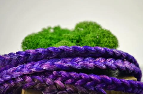 Violet braids on a gray background at close range Stock Photos