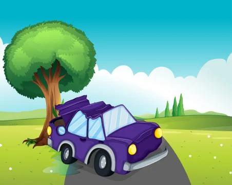 A violet car bumping the big tree at the road Stock Illustration