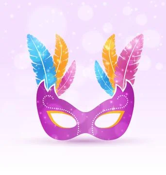 Violet carnival flat mask with multicolored feathers on violet Stock-Illustration