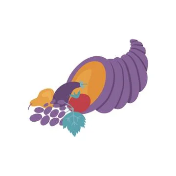 Violet cornucopia full of ripe vegetables and fruits in flat style isolated on Stock Illustration