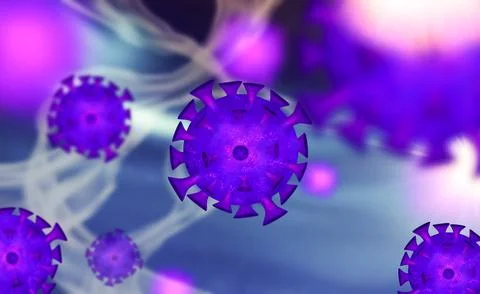 Violet coronavirus particles with light streaks, 3D illustration Stock Illustration