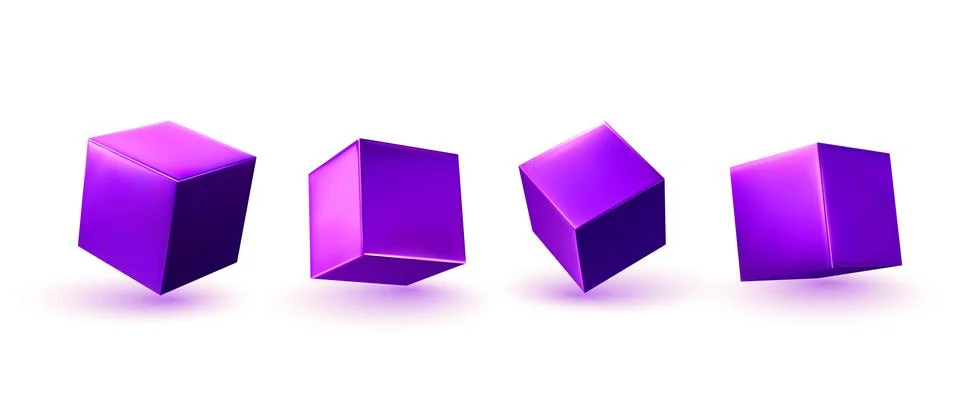 Violet Cube 3d render. Set square block. Realistic isolated on a white backgr Stock Illustration