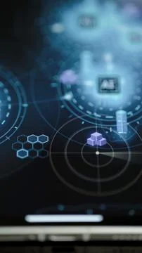 Violet data cube anchors layered network interface Stock Photos