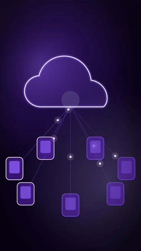 Violet Devices Syncing To A Central Cloud Vertical Seamless Loop Animated Stock Footage 344007381