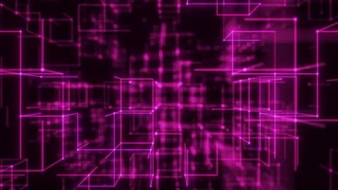 Violet Digital Cubes in a Rapid Abstract Wireframe Field. Looped 3D rendering Video stock 325495594