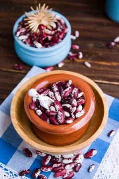 Violet with dots beans in ceramic bowl. Swallow beans. Vegetables for healthy Stock Photos