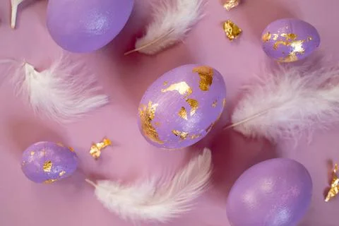 Violet Easter eggs with golden foil and white feathers on violet background Stock Photos