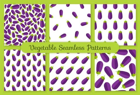 Violet eggplant vegetable seamless pattern set Stock Illustration