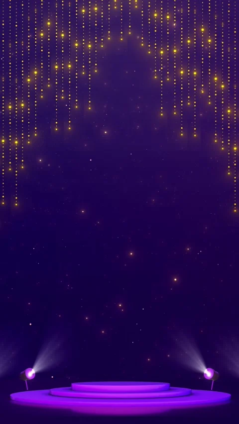 Violet event stage scene golden bead curtains, soft theater lights, circular pla Stock Footage 340452865